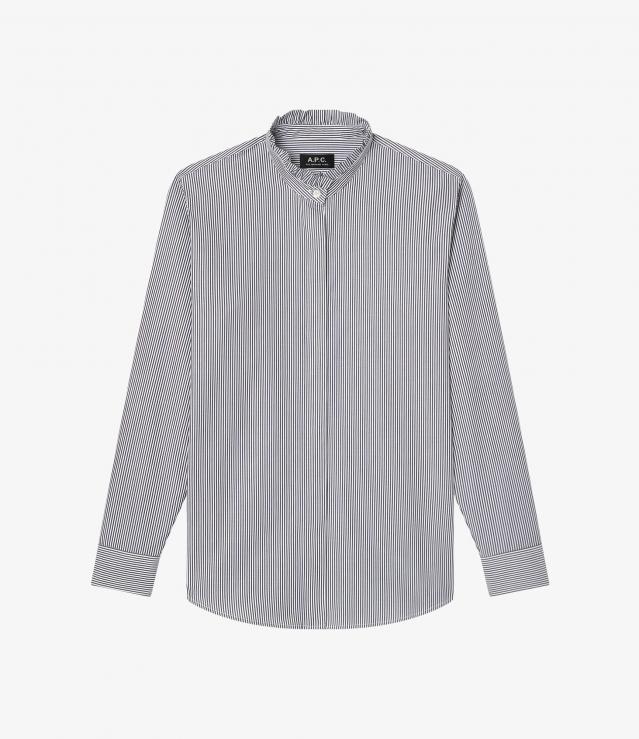 ラッフルカラー付ストライプブラウス