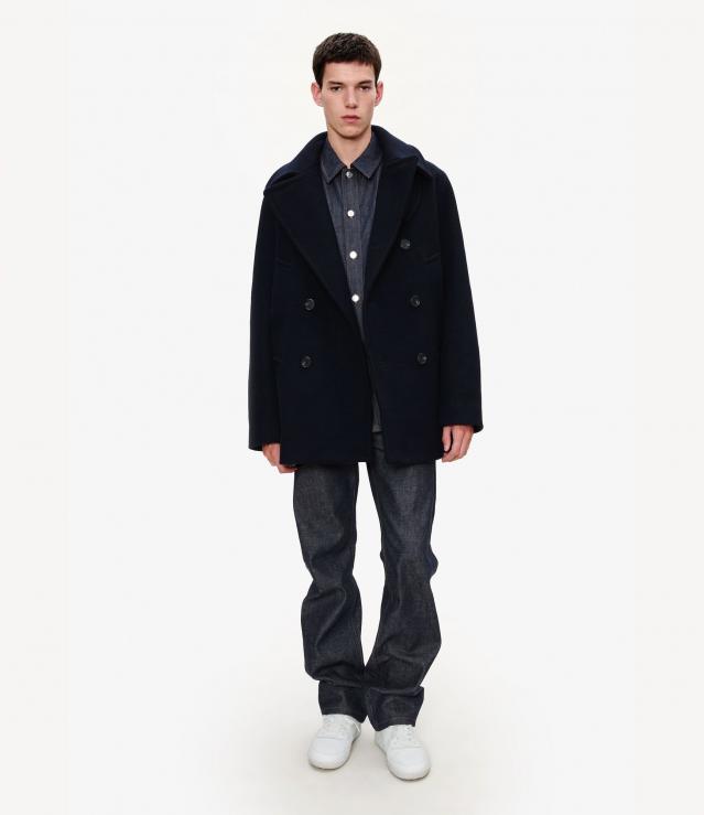 美品　A.P.C. ダークネイビー ウールステンカラーコート L 保存袋付き 美品 A.P.C. ダークネイビー ウールステンカラーコート L 保存袋付き